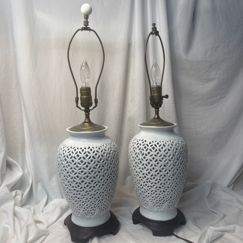 2 VTG Toyo Blanc de Chine Lamp Dual Light MCM Reticulated Ginger Jar Hollywood - Picture 8 of 16